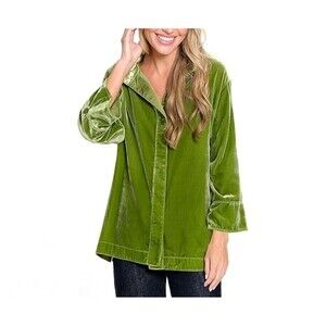 John Mark Button Up Down Shirt Women Size XL Green Velvet Wire Collar Holiday